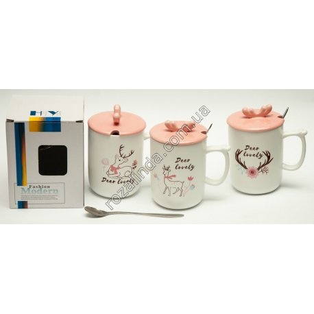 R0797 Чашка керамическая Олененок + ложка + крышка