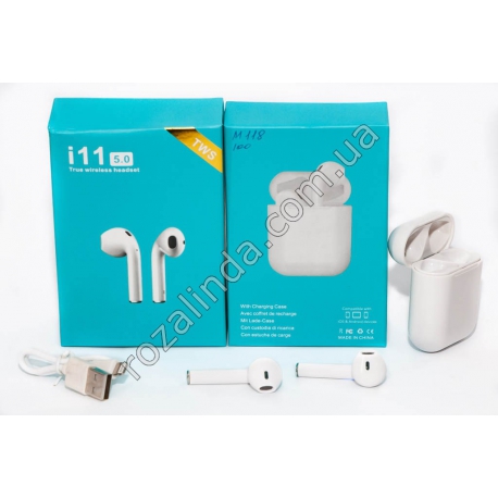 М0118 Наушники беспров.,"і11"голуб. уп.,Bluetooth 5.0,радиус действ.8м.,реж. разг. 2-3 часа, сенсор