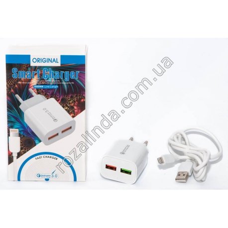 М0062 Зарядное устройство 2 USB + кабель 1 м., айфон, Smart Charger, Qalcomm 3.0, 72 гр.
