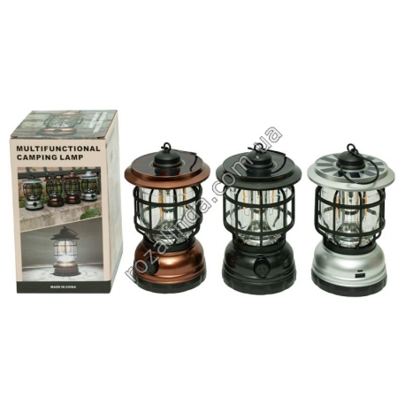 М0225 Фонарь "Старинный" Camping lamp,тепл.свет,регул.,солн.бат+1АКБ+USB A+micro USB,крючок,18*10см