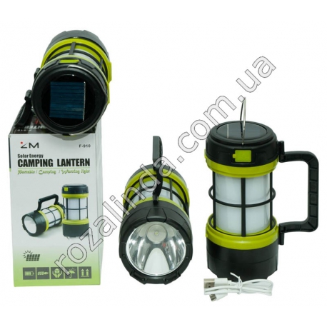 М0231 Фонарь "Camping Lantern" F910,цилиндр/решётка,7реж.(+красн.свет)ручки 2шт,солн.бат+USB A+micr