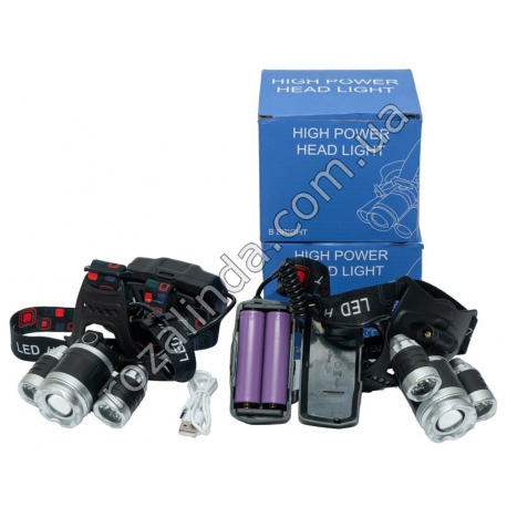 М0307 Фонарь на голову 3 линзы, пластик, 2АКБ,micro USB, 9*6*3.5см,&nbsp;160гр
