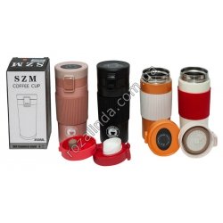 М0331 Термокружка с индик.темпер., SZM, 350 ml, силик.антискольз.ободок №1731+ситце, защелка/фиксато