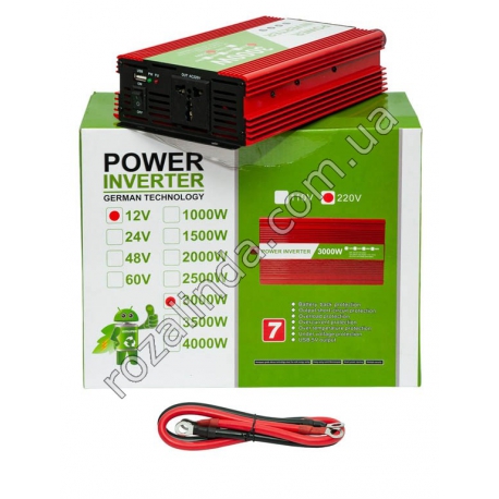 М0377 Инвертор 'Power inverter' 3000w, 12-220V, преобразователь напряжения + комплект проводов для аккумулят