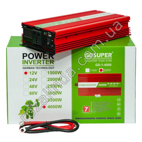 М0378 Инвертор 'Power inverter' 4000w, 12-220V, преобразователь напряжения + комплект проводов для аккумулят
