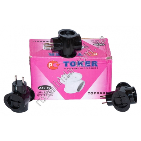 М0427 Тройник сетевой 'Toker' 12шт/доза, черный с заземлением, 16А, 250V, 9*5.5*5.8см, 60гр.