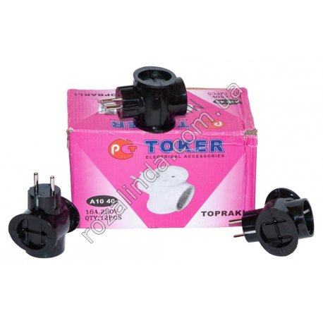 М0427 Тройник сетевой 'Toker' 12шт/доза, черный с заземлением, 16А, 250V, 9*5.5*5.8см, 60гр.