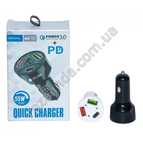 М0430 Авто зарядка USВ с функцией быстрой зарядки 3в1-2 разъема A+ type C,55W, JB - 2А+С, 7.2*3.5см,