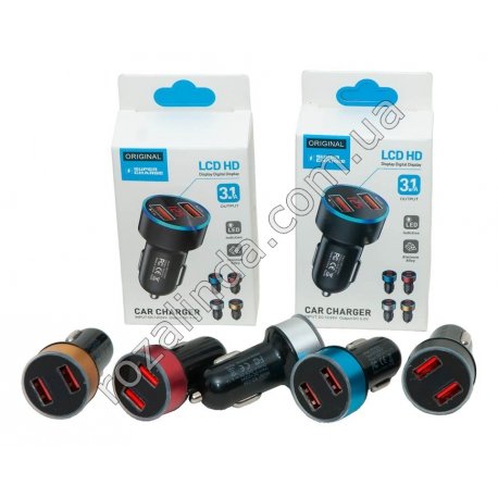 М0446 Авто зарядка USB, LCD HD дисплей, 2в1 – 2 разъема А, 3.1А, input DC 12/24V, output DC 5.0V
