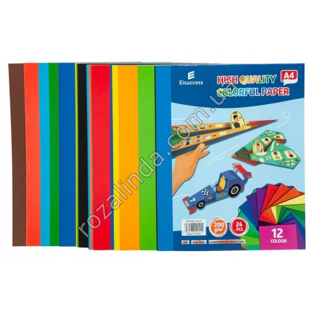 М0490 Бумага цветная (двухстр.) А4 плотная 200g/m 2 24 цвета, 'Eisuccess' NO:А4-24, 29,5*21см, 253г