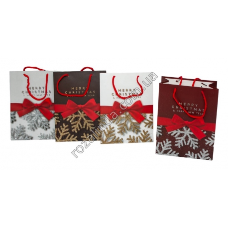 М0568 Пакет подарочный бумажный(12 шт/доза) 'Merry Christmas' снежинка/бантик, 14×12×6см,19гр.(мини)