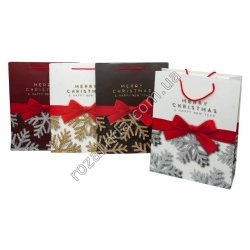 М0570 Пакет подарочный бумажный(12 шт/доза) 'Merry Christmas' снежинка/бантик, 32×26×10см, 70гр.(бол