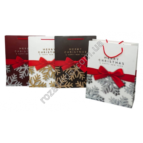 М0570 Пакет подарочный бумажный(12 шт/доза) 'Merry Christmas' снежинка/бантик, 32×26×10см, 70гр.(бол