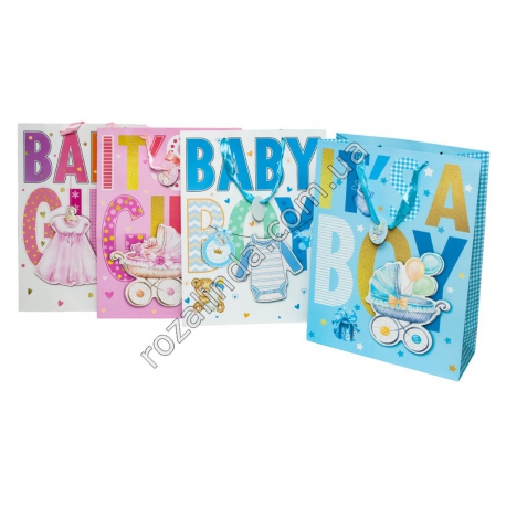 М0612 Пакет подарочный бумажный (12 шт/доза) 'Baby' boy/girl, 40×30×12см, 105гр.(гигант)