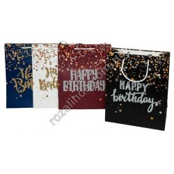 М0614 Пакет подарочный бумажный (12 шт/доза) 'Happy Birthday' звезды, 32×26×12см, 70гр.(большой)