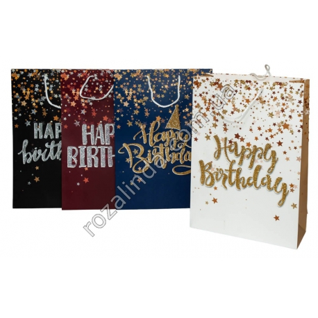 М0615 Пакет подарочный бумажный (12 шт/доза)'Happy Birthday' звезды, 44×31×12см,120гр.(Супер-гигант)
