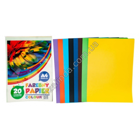 М0564 Бумага цветная двухсторонняя А4, Farebny papier 20л/10цв, 80г/м2, 21*30см, 95гр,