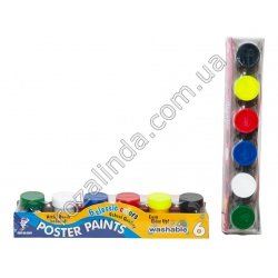 М0645 Гуашь 'Poster paints' 6 цветов, +кисточка, в баночках, в упаковке, 03136, 25*4.5*5см, 158гр,