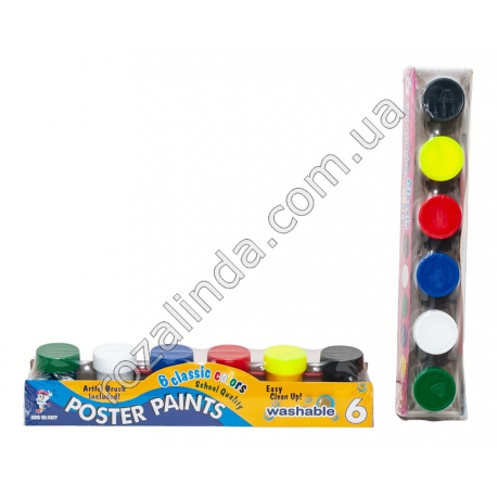 М0645 Гуашь 'Poster paints' 6 цветов, +кисточка, в баночках, в упаковке, 03136, 25*4.5*5см, 158гр,