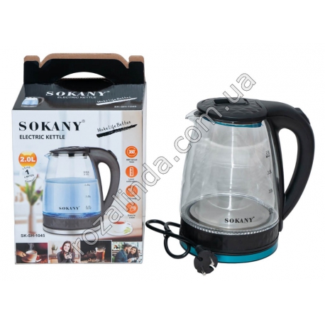 Е0020 Чайник электр. SOKANY SK-SН-1045, 2.0L, стекло+подсветка., 1500W, 19*19.5*23.5см, 882гр,