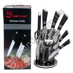 Т0190 Ножи набор 9пр(веер) Priority chef (5ножей+ножницы+экономка керам.+мусат+подставка) черные ручки+две полоски, 1355гр,