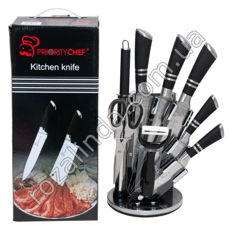 Т0190 Ножи набор 9пр(веер) Priority chef (5ножей+ножницы+экономка керам.+мусат+подставка) черные ручки+две полоски, 1355гр,