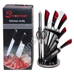 Т0191 Ножи набор 8пр(веер) Priority chef (5ножей+ножницы+мусат+подставка) Красный хамелеон, 1220гр,