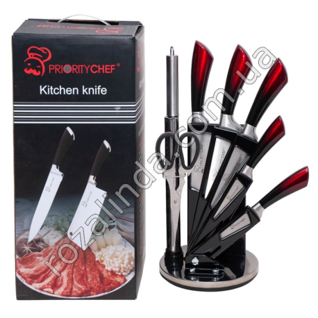 Т0191 Ножи набор 8пр(веер) Priority chef (5ножей+ножницы+мусат+подставка) Красный хамелеон, 1220гр,