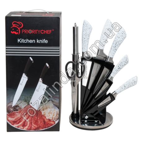 Т0192 Ножи набор 8пр(веер) Priority chef (5ножей+ножницы+мусат+подставка)Белый мрамор, 1220гр,