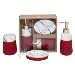 М0826 Набор д/ванной керам. 3пр граненый Soft touch красный+мрамор (мыльн 11.5*8*2.5см, ст. д/зуб.щеток 6.5*10см, диспенсер 18см