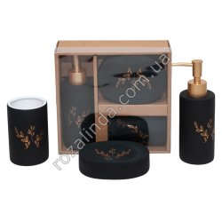 М0827 Набор д/ван.керам. 3пр Soft touch черный+зол.листоч.(мыльн 12*9*3см, ст.д/зуб.щеток 6.5*10.5см, дисп. 18см)19*20*7см,453гр
