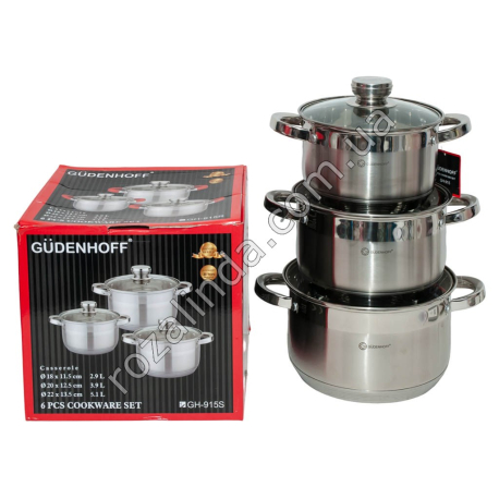 М0945 Кастрюли наб.3шт GUDENHOFF GH-915S,нерж.сталь,индук.дно 2.9/3.9/5.1л, 7слой.дно/руч металл 18/20/22см 4.0кг