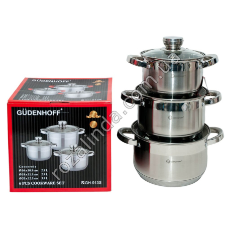 М0946 Кастрюли наб.3шт GUDENHOFF GH-913S,нерж.сталь,индук.дно 2.1/2.9/3.9л, 7слой.дно/руч металл 16/18/20см 3.3кг