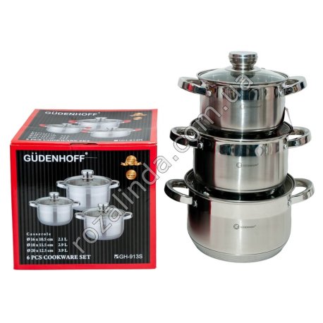М0946 Кастрюли наб.3шт GUDENHOFF GH-913S,нерж.сталь,индук.дно 2.1/2.9/3.9л, 7слой.дно/руч металл 16/18/20см 3.3кг