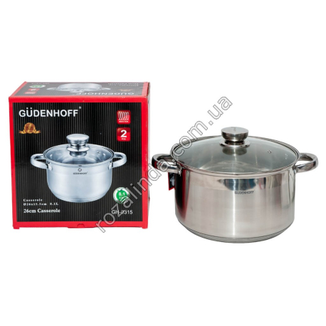 М0952 Кастрюля 1шт GUDENHOFF GH-0315,нерж.сталь,индук.дно 8.1л, 5 слой.дно/ручка металл 26см 1930гр