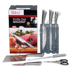 S0028 Ножи набор 8пр BASS (5ножей+ножницы+мусат+подставка дерево) Точка, В9443, 1980гр,
