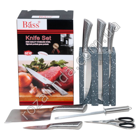 S0028 Ножи набор 8пр BASS (5ножей+ножницы+мусат+подставка дерево) Точка, В9443, 1980гр,