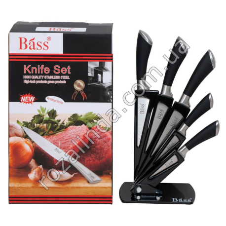 S0032 Ножи набор 6пр BASS (5 ножей+подставка пластик) Черный Soft touch, В5610, 730гр