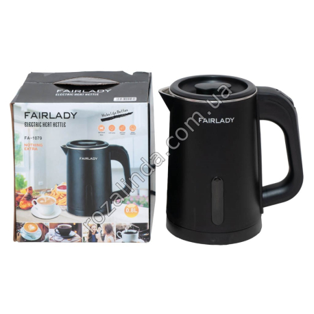 Е0034 Чайник электр. Fairlady FA-1079 0.8L, корп.нерж+пласт.,600W, съемная крышка, 17*14.5*17см,543г