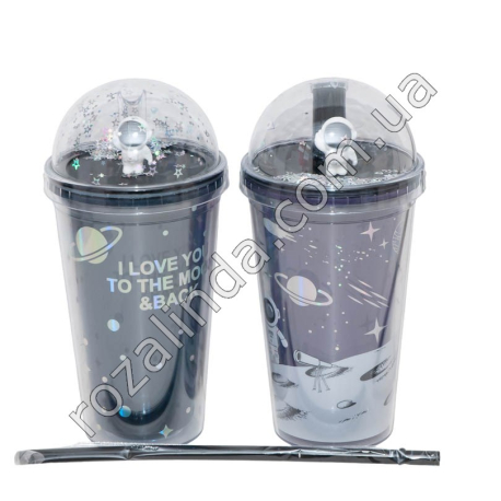 S0189 Стакан Forsty mug 450мл двойные стенки, трубочка, крышка купол, 'Космос', 20*9.5см, 205г