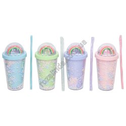 S0190 Стакан Forsty mug 450мл двойные стенки, трубочка, крышка купол, 'Радуга', 20*9.5см, 205гр