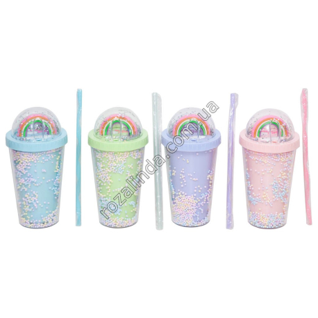 S0190 Стакан Forsty mug 450мл двойные стенки, трубочка, крышка купол, 'Радуга', 20*9.5см, 205гр