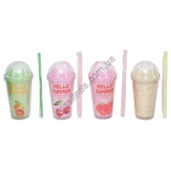 S0192 Стакан Forsty mug 450мл двойные стенки, трубочка, крышка купол, 'Hello Summer' фрукты/ягоды, 20*9.5см, 212гр