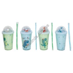 S0194 Стакан Forsty mug 450мл двойные стенки, трубочка, крышка купол, 'Dino' Крокодайл, битое стекло, 20*9.5см, 348гр