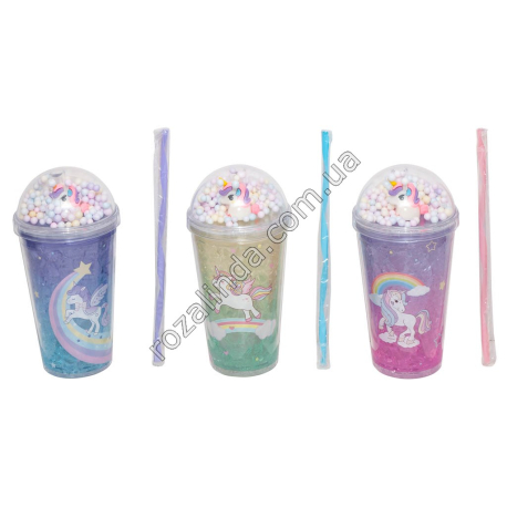 S0195 Стакан Forsty mug 450мл двойные стенки, трубочка, крышка купол, 'Magical Unicorn'+радуга, битое стекло, 20*9.5см, 365гр