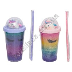 S0197 Стакан Forsty mug 450мл двойные стенки, трубочка, крышка купол, 'Unicorn' глаза/хамелеон, битое стекло, 20*9.5см, 370гр