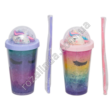 S0197 Стакан Forsty mug 450мл двойные стенки, трубочка, крышка купол, 'Unicorn' глаза/хамелеон, битое стекло, 20*9.5см, 370гр