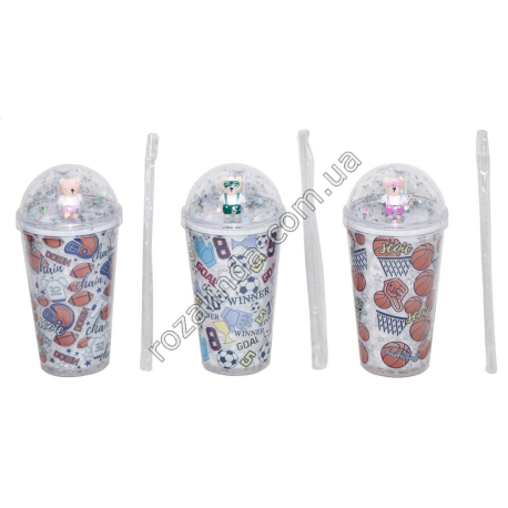 S0198 Стакан Forsty mug 450мл двойные стенки, трубочка, крышка купол, 'Спорт' мишки, битое стекло, 20*9.5см, 370гр