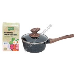 S0050 Ковш с крышкой HotChef 16см h- см, мраморное покрытие, чер.в крап, бакелитовые ручки п/дерево, 625гр