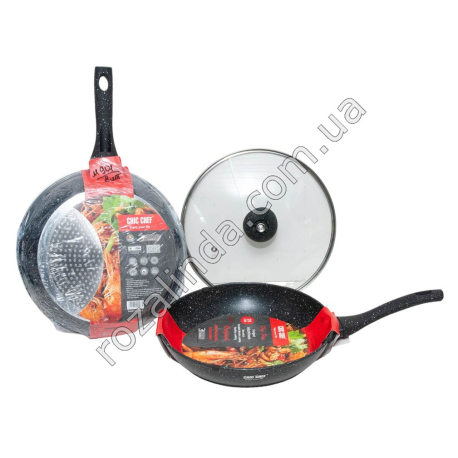 М0901 Сковорода+крышка CHIC CHEF, 28см h-5.5см, мрам. покрыт.,черн. с крап, бакелитовые ручки Soft touch, СС2113, не сод. PFOA,